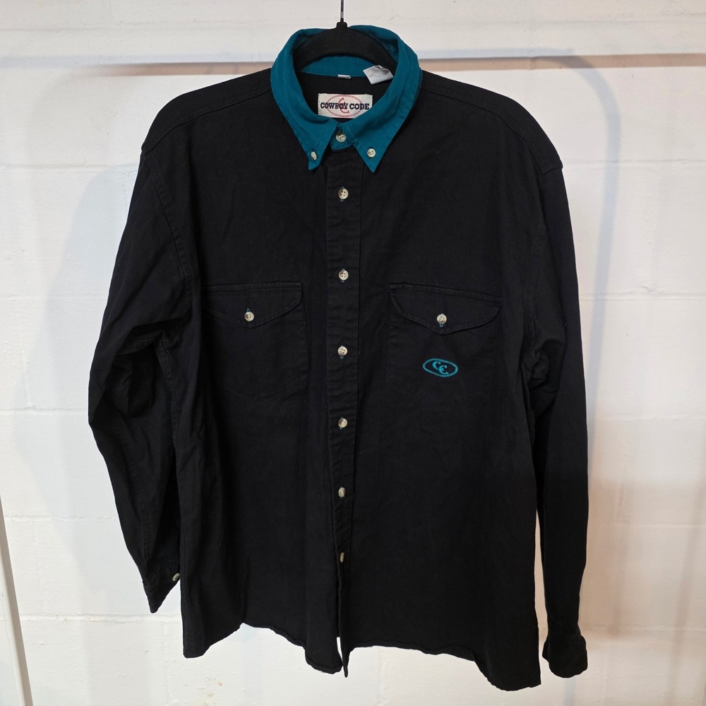 Vintage 90s Cowboy Code Black Teal Trim Button Down‎ Shirt Men Large Long Sleeve